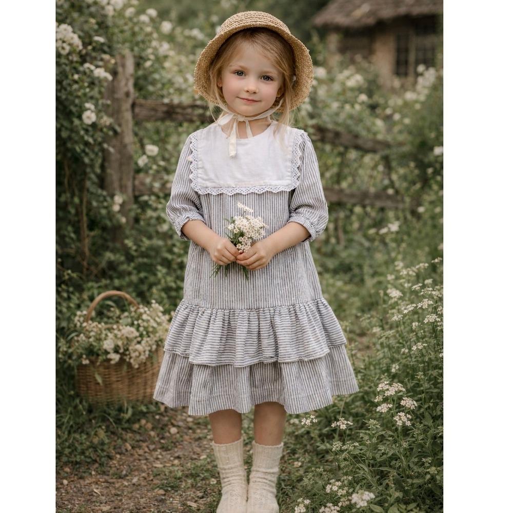 VTG Mousefeathers Size 6 Grey White Striped Lace Collar Puff Sleeve Ruffle Dress
